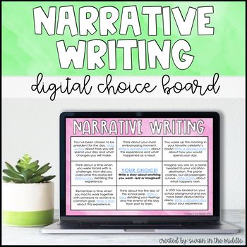 Narrative Writing Choice Board (Distance Learning) by Swain in the Middle