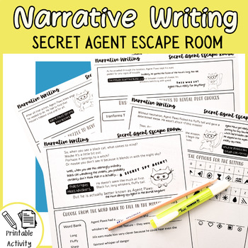 Preview of Narrative Writing Escape Room - Secret Agent Themed Story & Puzzles