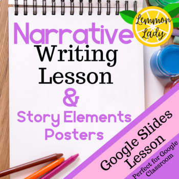 Preview of Narrative Writing Lesson & Story Elements Posters EDITABLE Google Slides 