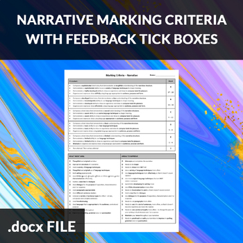 Preview of Narrative Writing – Marking Criteria Rubric with Feedback Tick Boxes