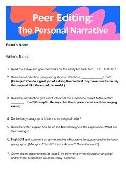 Preview of Narrative Writing Peer Edit Checklist