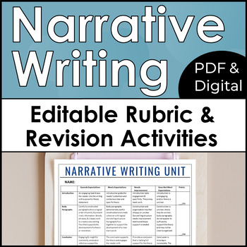Preview of Narrative Writing Rubric Editable and Common Core Personal Narrative High School