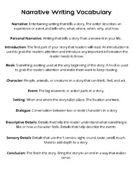 Narrative Writing Vocabulary List by Allie West | TPT