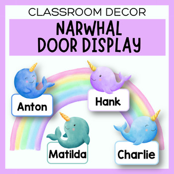 Preview of Narwhal Classroom Welcome Door/Bulletin Board Display & Name Tags - Editable