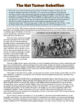 Preview of Nat Turner's Rebellion Primary Source Worksheet & Reading on Slavery