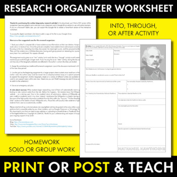 Nathaniel Hawthorne Author Study Worksheet, Easy Biography Activity, CCSS