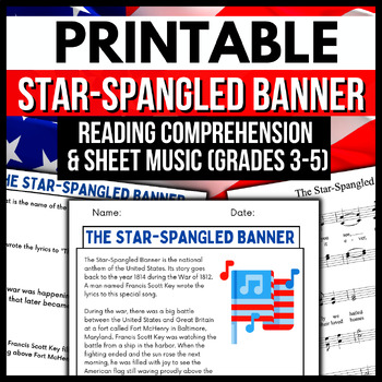 Preview of National Anthem Reading Comprehension Worksheet & Sheet Music (Grades 3-5)