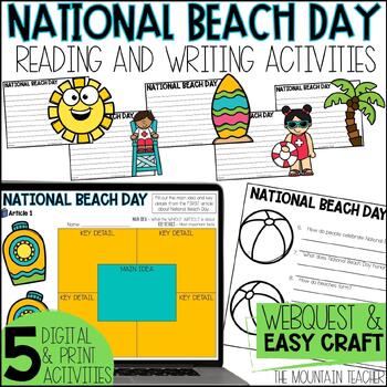 Preview of National Beach Day Craft, Reading Comprehension Activities, Writing and Webquest