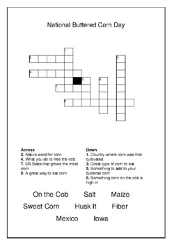 National Buttered Corn Day August 23rd Crossword Puzzle Word Search