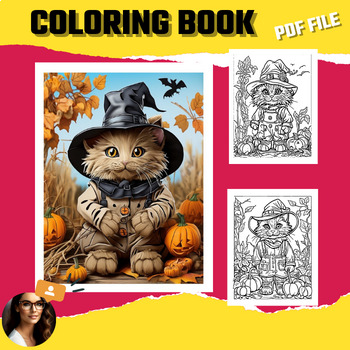 Preview of National Cat Day coloring book | halloween scarecrow cat with pumpkin in fall
