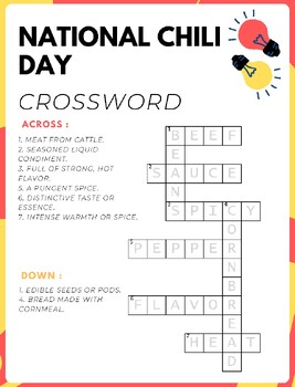 National Chili Day No Prep Crossword Puzzles Worksheet Activity TPT