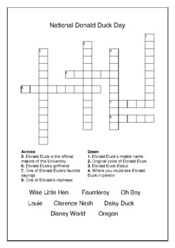 National Donald Duck Day June 9th Crossword Puzzle Word Search Bell Ringer