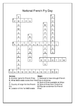 National French Fry Day July 13th Crossword Puzzle Word Search Bell
