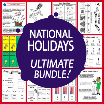 Preview of National Holidays Math & Literacy MEGA Bundle – 100+ National Holiday Activities