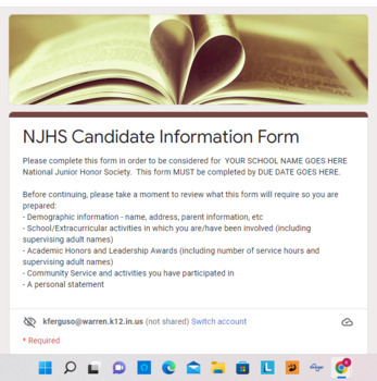 Preview of National Junior Honor Society Candidate Information Form