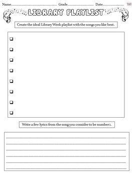 Preview of National Library Week Activity and Worksheet - Music Playlist Writing