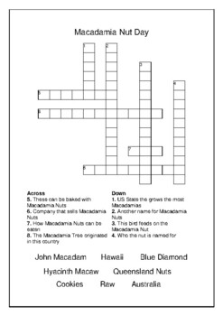 National Macadamia Nut Day September 4th Crossword Puzzle Word Search