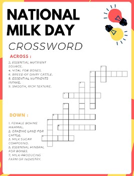 National Milk Day No Prep Crossword Puzzles Worksheet Activity Morning Work