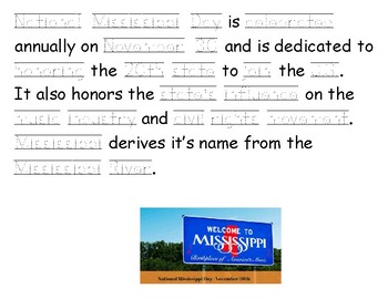 Preview of National Mississippi Day tracing words paragraph. 1 page, 20 tracing words.