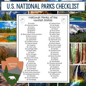 Preview of FREE List of National Parks and Checklists