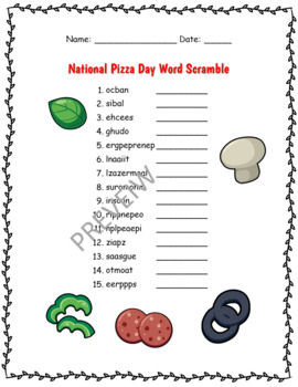 Preview of National Pizza Day Word Scramble Worksheet Activity