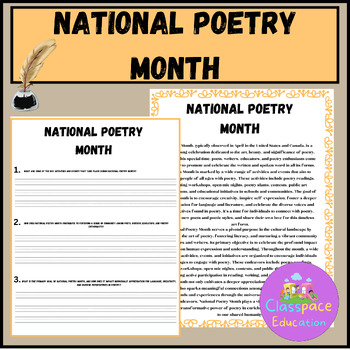 National Poetry Month ,April,Reading Comprehension ,Worksheets,Poetry day