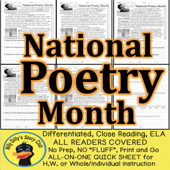 Preview of National Poetry Month CLOSE READING 5 LEVEL PASSAGES Main Idea Fluency Check TDQ