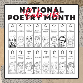 Preview of National Poetry Month Coloring Bookmarks | 20 Famous Poets Bookmarks