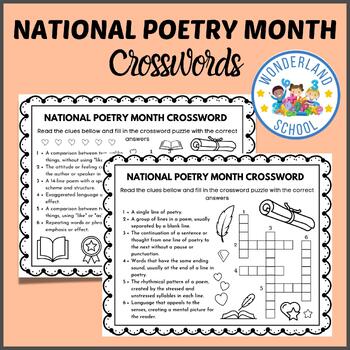 Preview of April National Poetry Month Crosswords Puzzle Sheets | Poetry Month Vocabulary