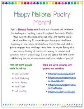 Preview of National Poetry Month - Letter to Families