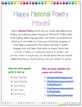 National Poetry Month - Letter to Families by Entertaining in Elementary