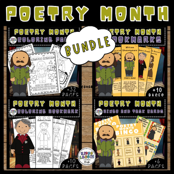 Preview of National Poetry Month Mcoloring Sheets, Bookmarks,BINGO Game and Biography Cards