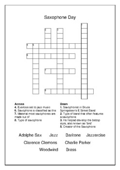 National Saxophone Day November 6th Crossword Puzzle Word Search Bell