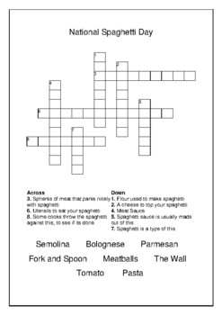 National Spaghetti Day January 4th Crossword Puzzle Word Search Bell