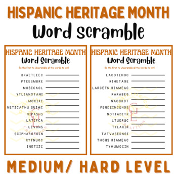 Preview of National hispanic heritage month Word scramble game Activity middle high school