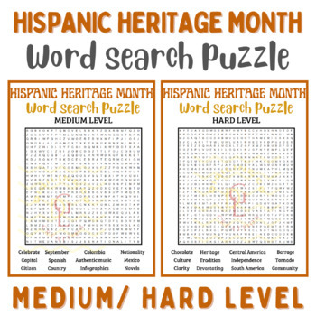 Preview of National hispanic heritage month word search independent game hard level 8th 9th