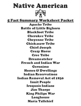 Preview of Native American "5 FACT" Summary Assignment Packet (48 Topics)