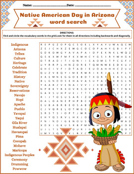 Preview of Native American Day in Arizona Word Search Puzzle Activity Worksheet ⭐No Prep⭐