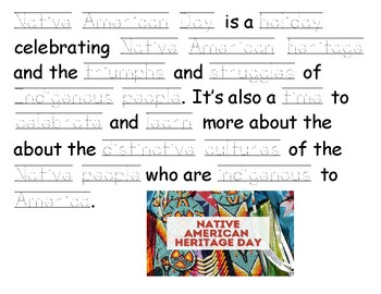 Preview of Native American Day tracing words. 1 page, 19 tracing words.