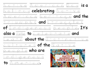Preview of Native American Day tracing words for dysgraphia learners. 19 words.