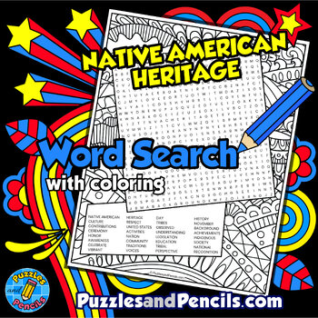 Preview of Native American Heritage Word Search Puzzle Activity Page with Coloring