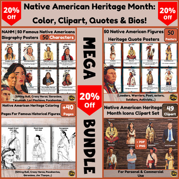 Preview of Native American Heritage Month Bundle: Coloring, Clipart, Quotes & Biography