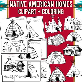 Preview of Native American Homes Outline Clipart + Coloring Pages