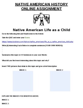 Preview of Native American Life as a Child  Online Assignment W/ Online Article