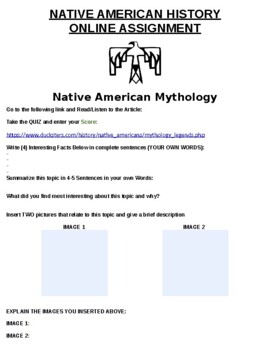 Preview of Native American Mythology Online Assignment W/ Online Article (Word)