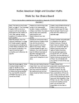 Preview of Native American Origin and Creation Myth Choice Board