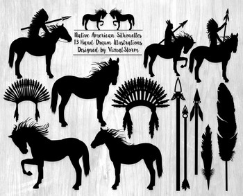 Preview of Native American Silhouettes Clip Art - 13 Hand Drawn Tribal Illustrations