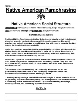 Native American Social Structure Paraphrasing Worksheet by Academic Links