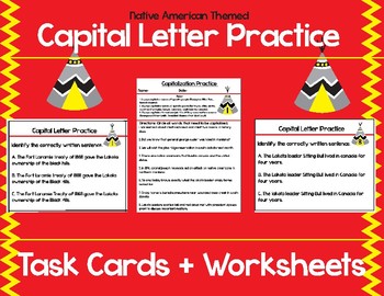 Preview of Native American Themed Capitalization Task Cards + Worksheets