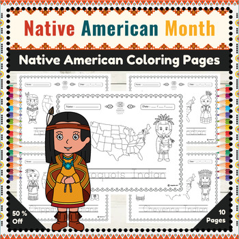 Preview of Native American Tribes Coloring Sheets with Handwriting Practice